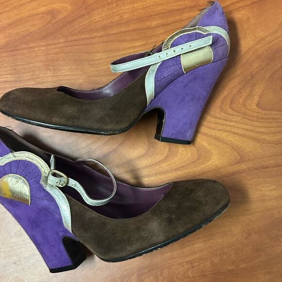 Marc Jacobs Brown Purple Mary Jane Heels Color Block Metallic Accents Size 37 - Picture 7 of 16